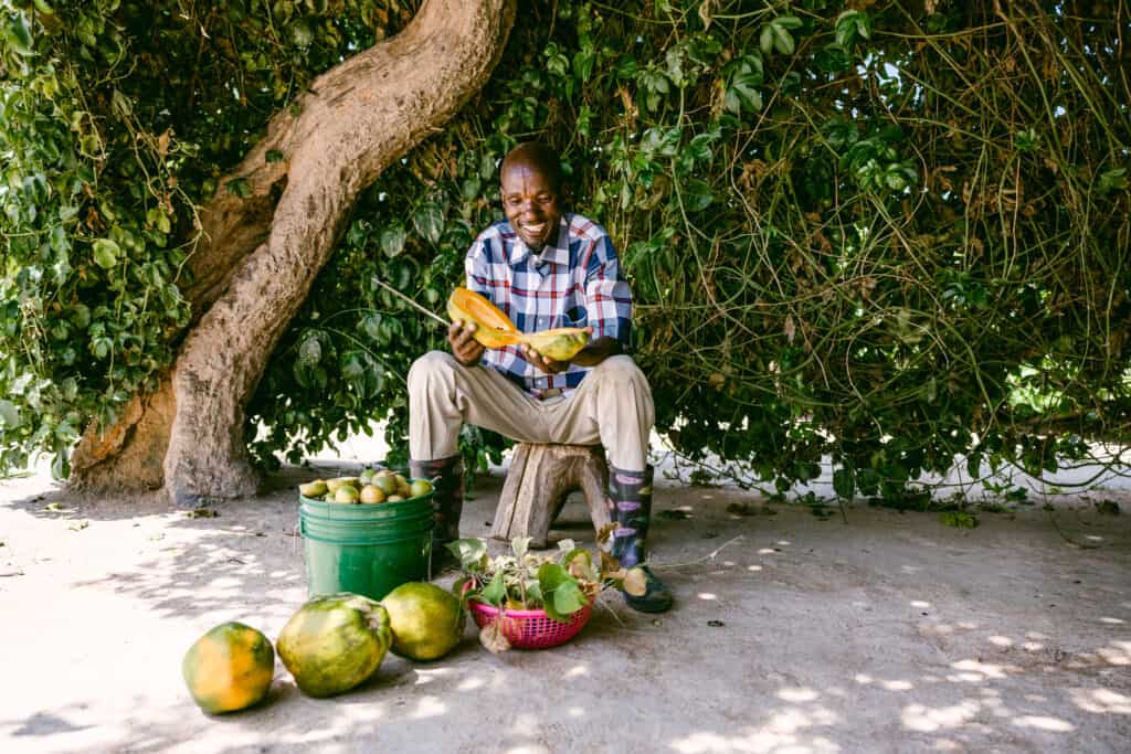 Onesmo Petro Hema sitting under a tree with freshly harvested fruits.