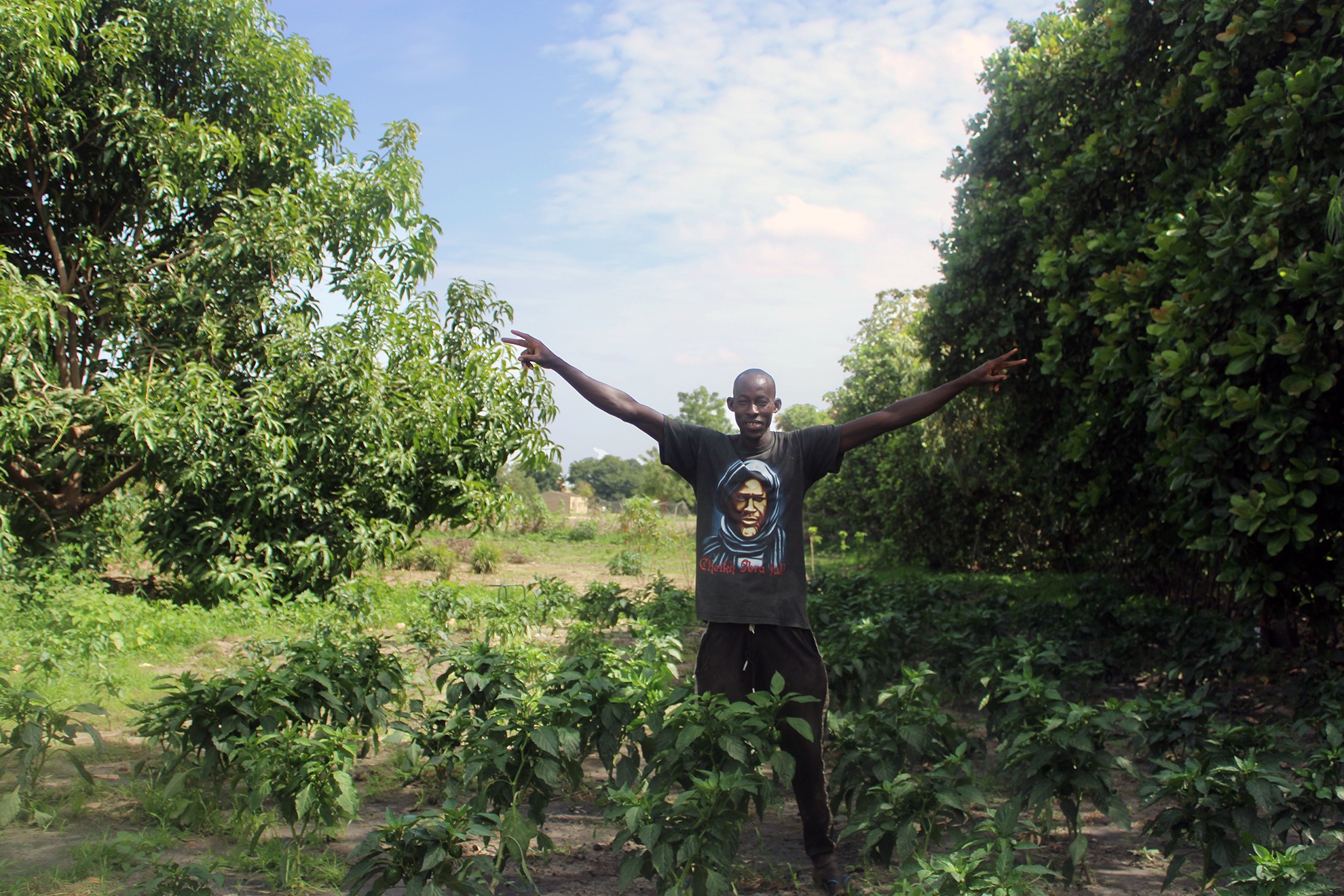 Senegalese farmer Mor Niang stands proudly in his thriving Forest Garden.