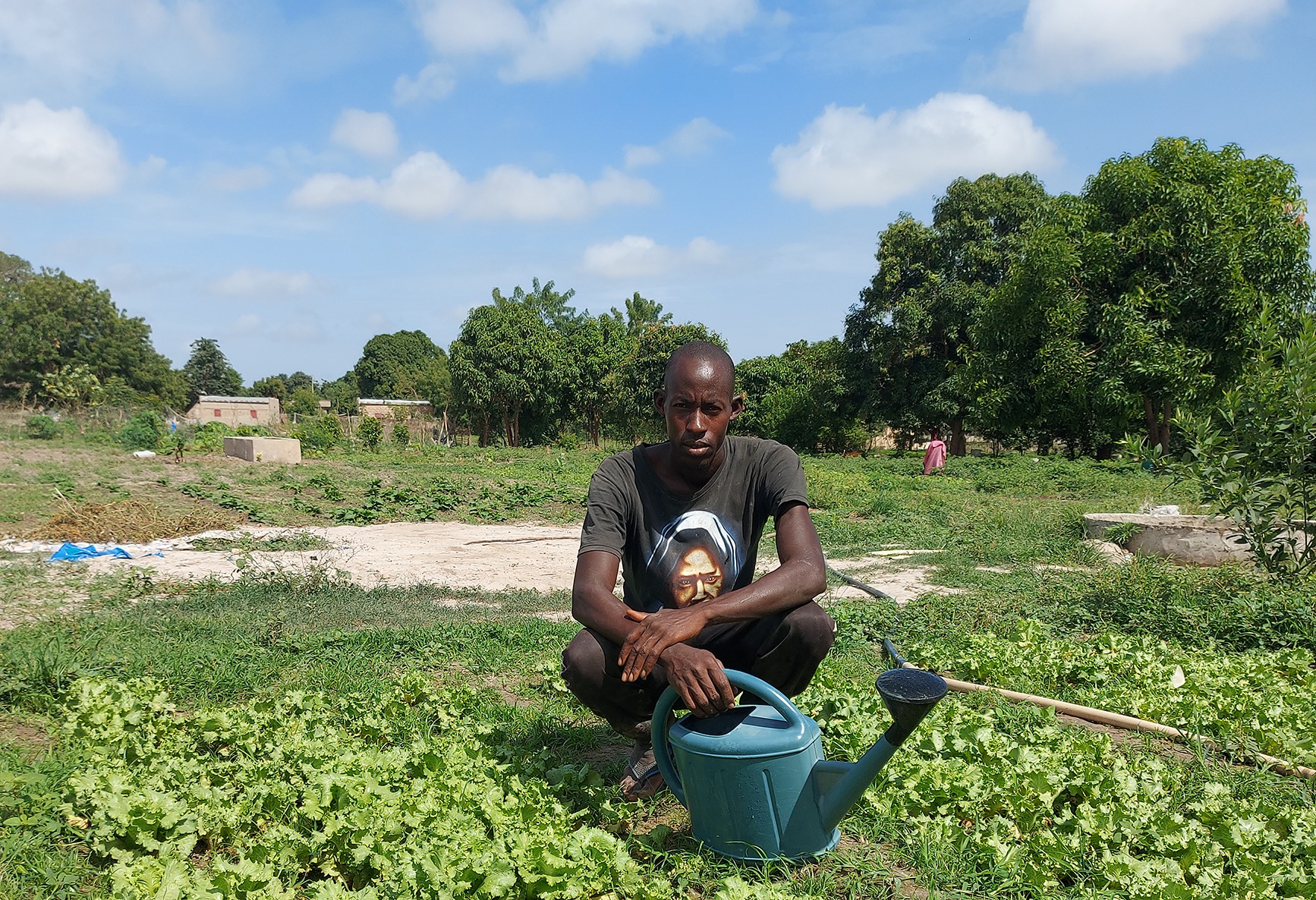 Mor Niang waters his thriving Forest Garden in Senegal.